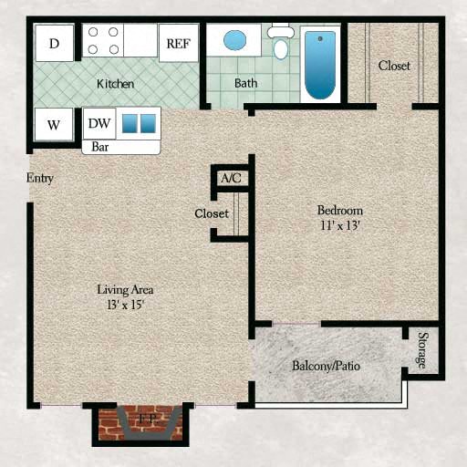 Floor plan for 1 bed, 1 bath, 558 sqft